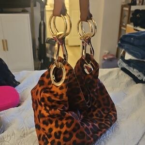 Leopard-Print Hobo Bag with Gold Ring Handles - Brown